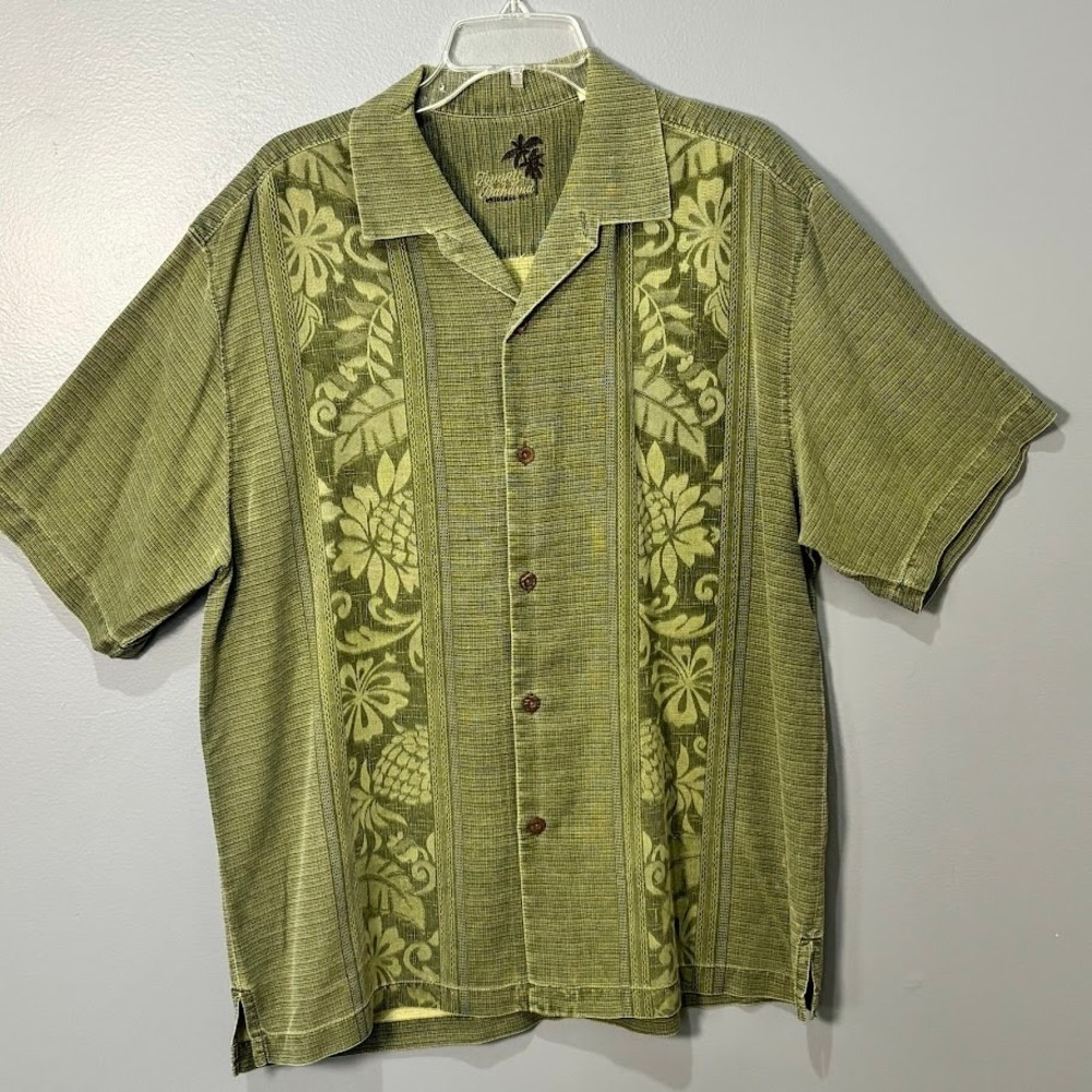 Tommy Bahama Camp Shirt Men L Green Silk Tropical Floral Embroidered Luxury Boho